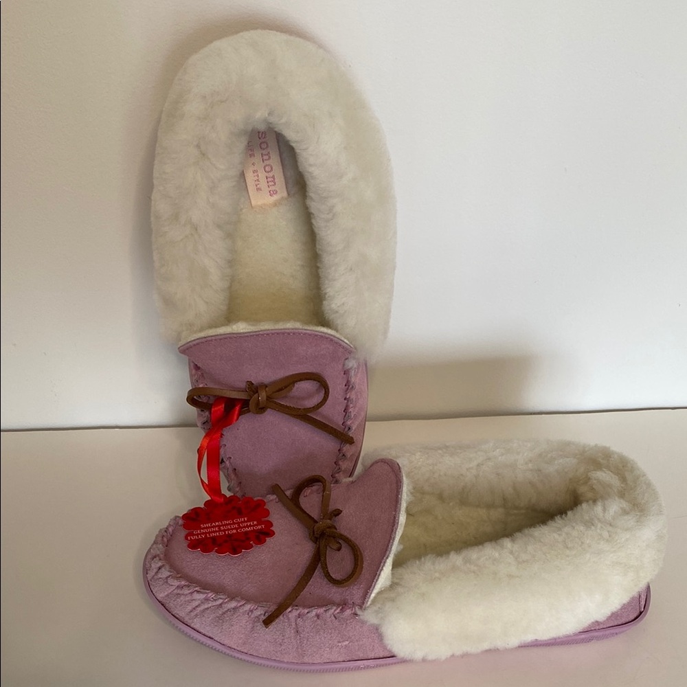 Sonoma Moccasin Pink Slippers White Fur Lining Slip On Comfort Women’s 9